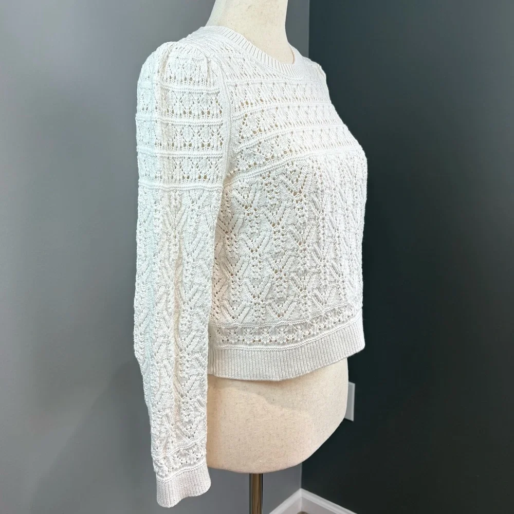 Boden Loose Knit Crew Neck Cropped Sweater Size XS White Preppy Classic Cotton - Picture 3 of 9